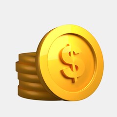 3D coin stack isolated. Illustration of a golden coin with dollar sign on it. Concept of wealth and success. Financial illustration. 3D icon design
