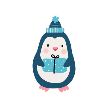 Cute hand drawn penguin with gift for Merry Christmas. Vector illustration