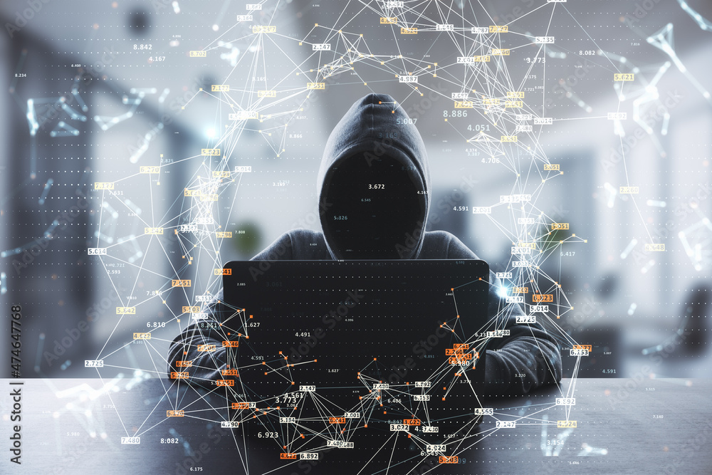 Aufkleber Hacker at desk using computers with creative glowing big data connections circle on blurry interior background. Science, hacking, malware, digital network and technology concept.