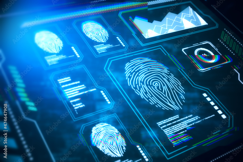 Poster creative glowing blue fingerprint scanner interface on dark backdrop. technology, information and id