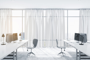 Modern concrete coworking office interior with curtains, windows and city view, furniture, equipment, daylight and technology. Workplace and corporation concept. 3D Rendering.