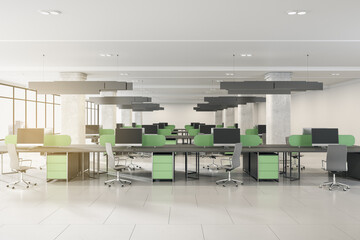Modern concrete coworking office interior with panoramic city view, sunlight, furniture, equipment, daylight and technology. Workplace and corporation concept. 3D Rendering.