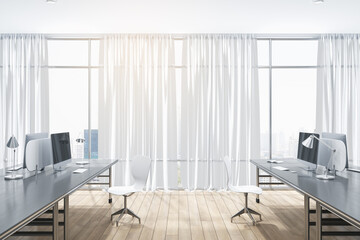 Contemporary concrete and wooden coworking office interior with white curtains, windows and city view, furniture, equipment, daylight and technology. Workplace and corporation concept. 3D Rendering.