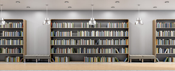 Wide library interior with bookcase, wooden flooring, bench and mock up place on wall. 3D Rendering.