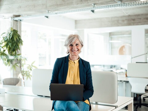 Smiling businesswoman with laptop sitting on desk