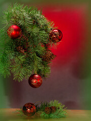 New Year and Christmas branches of fir trees with colorful toys on a colorful fairy-tale...