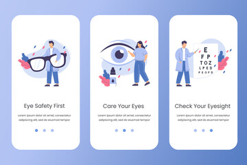 Flat ophthalmologist doctor check eyesight. Eye test, vision correction and care eyes with drops and eyeglasses. Ophthalmology vector website template. Landing page design for mobile app.