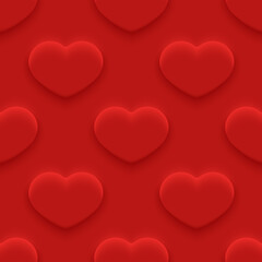 Seamless background with neumorphic style heart. Valentines day minimalist greeting card. Holiday illustration of red heart
