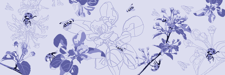 Spring banner with flowering apple tree branches, bees and ladybirds. Flowers and insects on a lilac background. Color of the year 2022 very peri.
