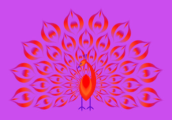 Red peacock with shining tail. Optical expansion illusion.