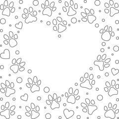 Heart shaped Frame made of outline Pet Paw Prints symbols