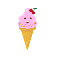 Happy soft pink ice cream with cherries and powder in a waffle cone