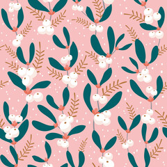 Seamless Christmas floral pattern with branches, leaves and berries