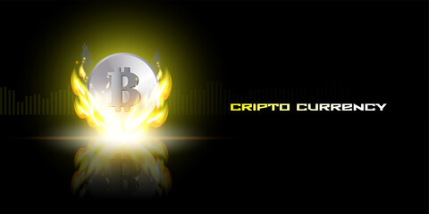 Cryptocurrency, bitcoin silver coin in a bright flame with reflection on a black background