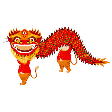 Cute Chinese tigers in carnival new year dragon costume. Symbol 2022