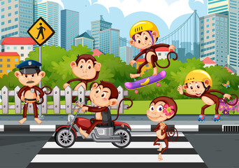 Street in the city scene with many monkeys © GraphicsRF