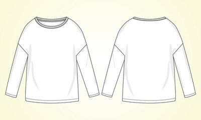Relax fit Long Sleeve T-Shirt overall technical Fashion Flat Sketch vector template for Women's. Apparel design blank t shirt mock up front, back views isolated on white background. Easy editable. 