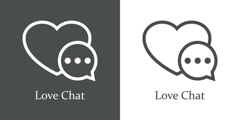 Logotipo con texto Love Chat con burbuja de habla en corazón con líneas en fondo gris y fondo blanco