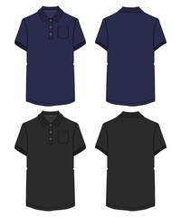 Black and navy color Short sleeve Polo T shirt overall technical fashion flat sketch vector illustration template front and back views. Apparel clothing mock up for men's and boys.