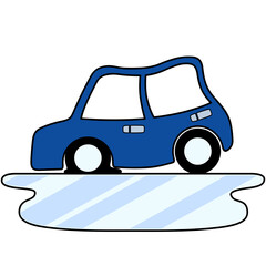 車と路面凍結のイラスト（急ブレーキ・アウトラインあり）