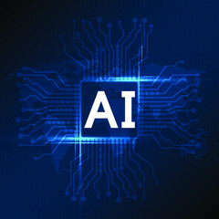 3D Rendering of computer mother board chip with AI text and glowing circuit background.