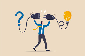 Solution solving problem, answer to hard question or creativity idea and innovation help business success, leadership to overcome difficulty, businessman connect question mark with lightbulb solution.