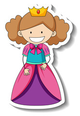 Sticker template with a little princess cartoon character isolated