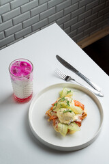 City coffee shop with white stylish laconic interior, breakfast menu