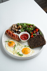 A big portion of continental hotel breakfast, minimalist photo with copy space