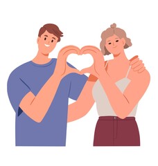 Fototapeta premium Happy couple of people show heart with hands. Valentine’s Day card. Flat illustration isolated on white background 
