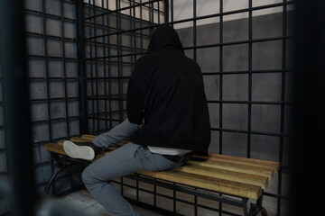 A hooded detainee is sitting in a closed temporary detention cell.
