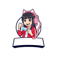 Anime gamer girl mascot logo for esport with blank space banner