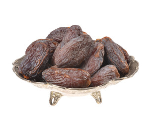 Beautiful bowl full of ripe  juicy dates,medjoul fruit, isolated on a white background.Food rich in antioxidants, superfruit rich in nutrients.