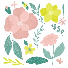 Floral clipart with digital flowers, buds, twigs with leaves, leaves in a delicate pastel palette of pink and yellow with the addition of green shades