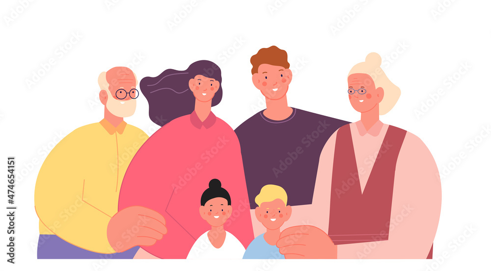 Poster family crowd. protection and supporting, hug parents or child. insurance concept, diverse age friend