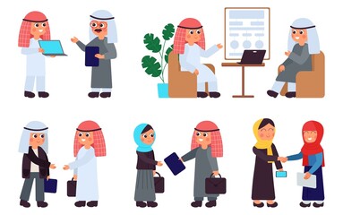 Arab business people. Arabic office characters, islamic teamwork. Isolated managers meeting, muslim saudi man woman working decent vector scenes