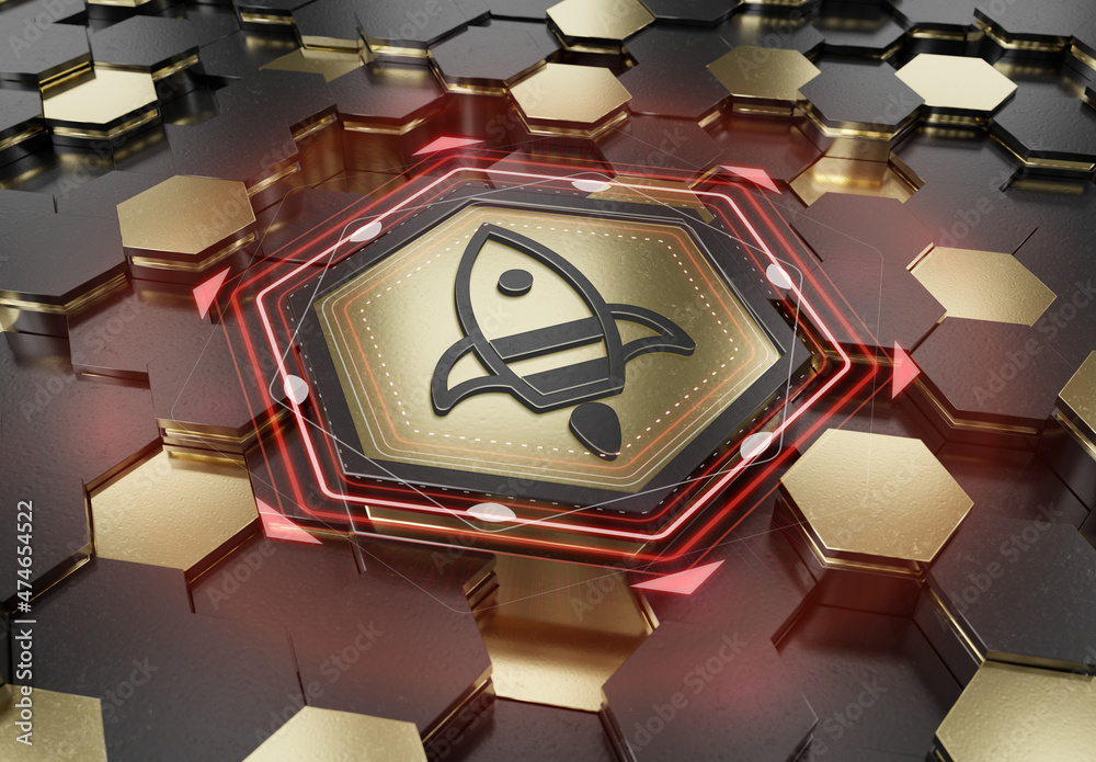 Poster Spaceship icon innovation concept engraved on gold metal hexagonal pedestral background. Rocket startup logo glowing on abstract digital surface. 3d rendering