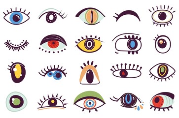 Hand drawn abstract eyes. Girly eye, ink drawing faces elements. Doodle style symbols, isolated modern decoration graphic, decent vector set