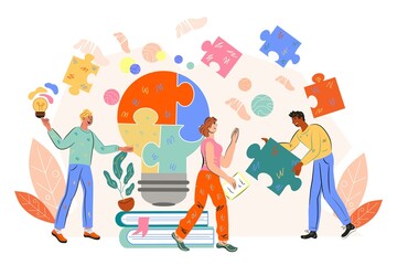 Business solutions and teamwork concept. Business team cooperation and brainstorming activity, flat vector illustration isolated on white background.