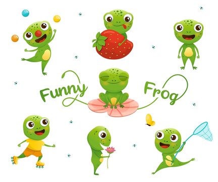 Green Frog Set Cartoon Character Vector