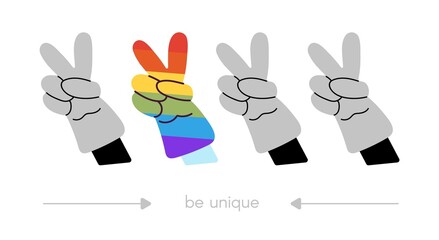 Obraz premium Be unique. Positive banner with hands. Happy greetings signs, grey and rainbow colors. Cool motivational poster, creative people support vector concept