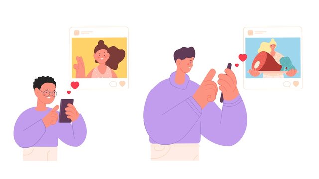 Boy love girl. Social media likes, boy and teenager using smartphones. Internet romance, dating or photo exchange. Modern relationship vector characters