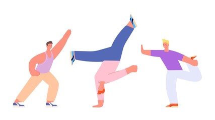 Dancing men group. Stretching or yoga for men, sport training. Flat male doing exercises, isolated vector characters