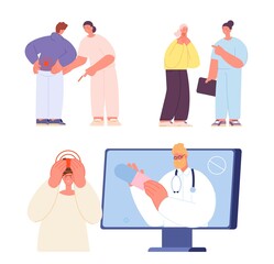 Doctor visiting. People with pain and medical person with painkillers. Telemedicine, family doctors and nurses. Online pills buy, hospital vector characters