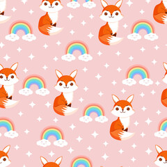Fototapeta premium Seamless pattern with cute fox, stars and rainbow. Texture with animals for textiles, wallpaper or print design. Vector summer illustration.