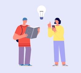 Information finding. Books or digital technologies. People read book and using smartphone. Traditional modern study concept. Media and public resources, find solution, vector characters