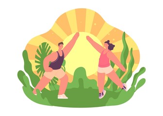 Obraz na płótnie Canvas Morning training. Sport exercises, happy day start. Man woman doing workout, yoga or stretching on sunrise. Relaxing and wellbeing vector concept