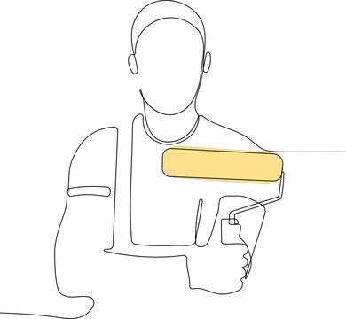 Continuous one line drawing of painter wearing a hat and gloves painting the wall using roller for your design minimal outline. Vector illustration