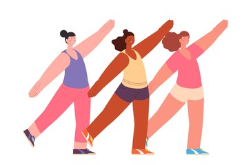 Fototapeta na wymiar Stretching class. Women sport, pilates or yoga training. Diverse girls group, young female characters workout. Cute flat sporting people vector set