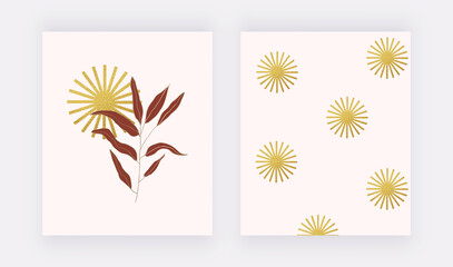 Boho wall art prints with golden sun and leaf